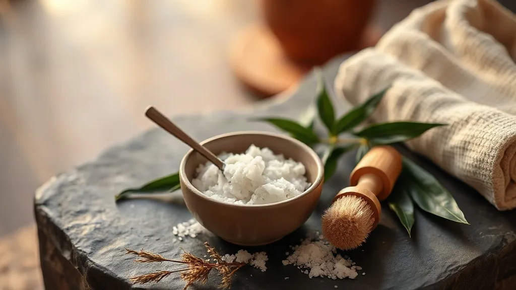 Gommage naturel corps : bol de gommage au sel et brosse en bois