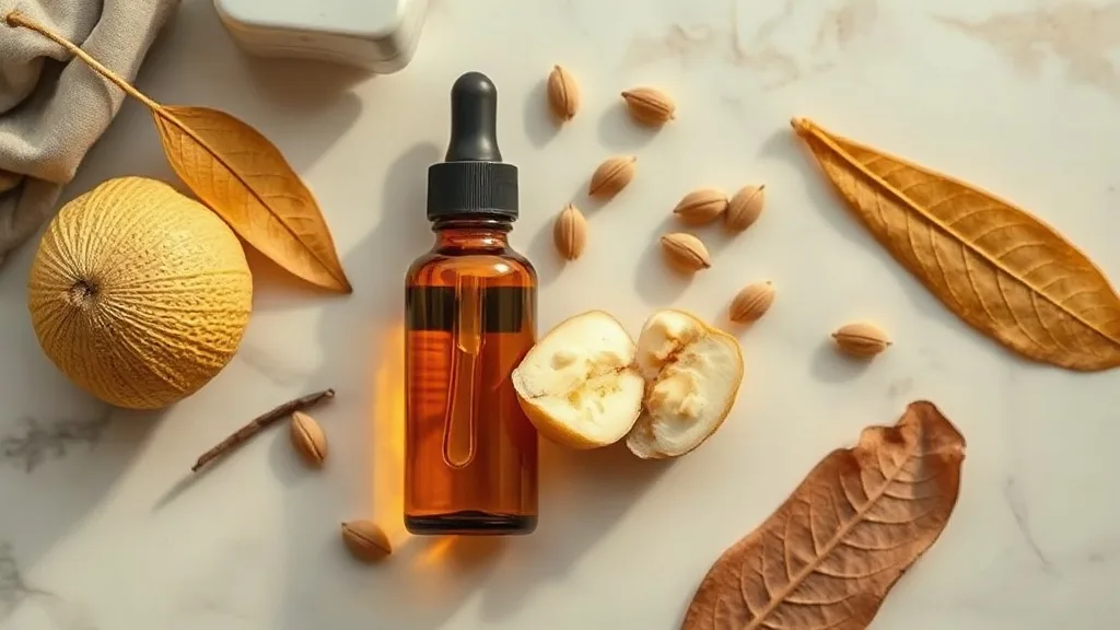 Huile de baobab naturelle : flacon ambré, fruit de baobab et graines — Essence by Daavi Sénégal