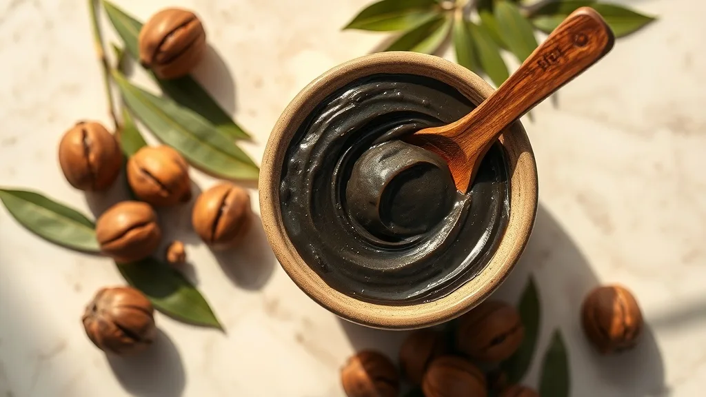 Savon noir africain naturel dans un bol avec noix de karité et feuilles — Essence by Daavi Sénégal