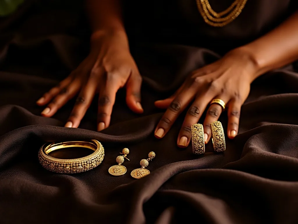 Bijoux africains femme : parure en or filigrané — collier, boucles d'oreilles et bracelets sur soie sombre — By Daavi