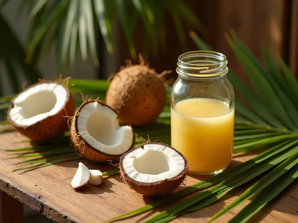 Bienfaits de l'huile de coco : pot d'huile de coco naturelle, noix de coco fraîches et feuilles de palmier — Essence by Daavi