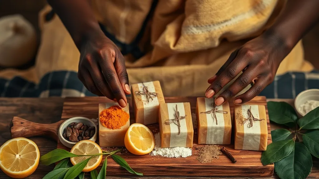 Savon naturel : savons artisanaux au curcuma, au clou de girofle, au café, au citron et à l'argile blanche sur un plateau en bois — Essence by Daavi
