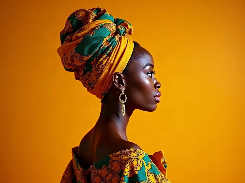 Turban africain femme en wax coloré élégamment noué, profil d'une femme — By Daavi