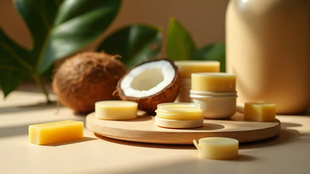 Baume à lèvres naturel : petits pots de baume, beurre végétal et noix de coco sur un plateau en bois — Essence by Daavi
