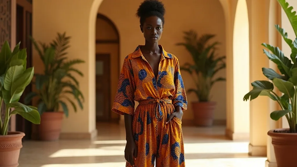 Ensemble africain femme : chemise et pantalon large en wax ocre et indigo portés dans une galerie lumineuse à Dakar — By Daavi
