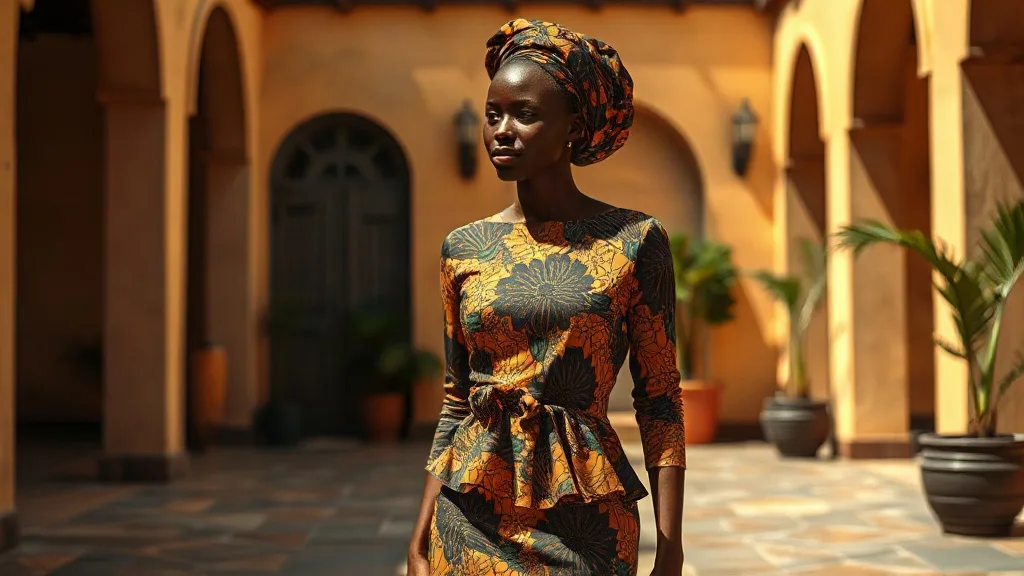 Taille basse sénégalaise : femme en ensemble wax avec haut ajusté à basque, pagne assorti et foulard, dans une cour de Dakar — By Daavi
